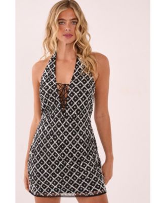 Women's Grid Lace Up Front Mini Dress