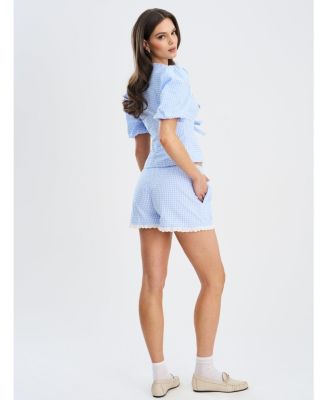 Women's Qusayla Baby Blue Gingham Bubble Sleeve Bowtie Top
