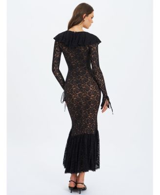 Women's Parisa Black Lace Ruffled Mermaid Maxi Dress