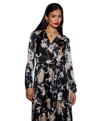 Women's Floral Satin Long Sleeve Midi Dress