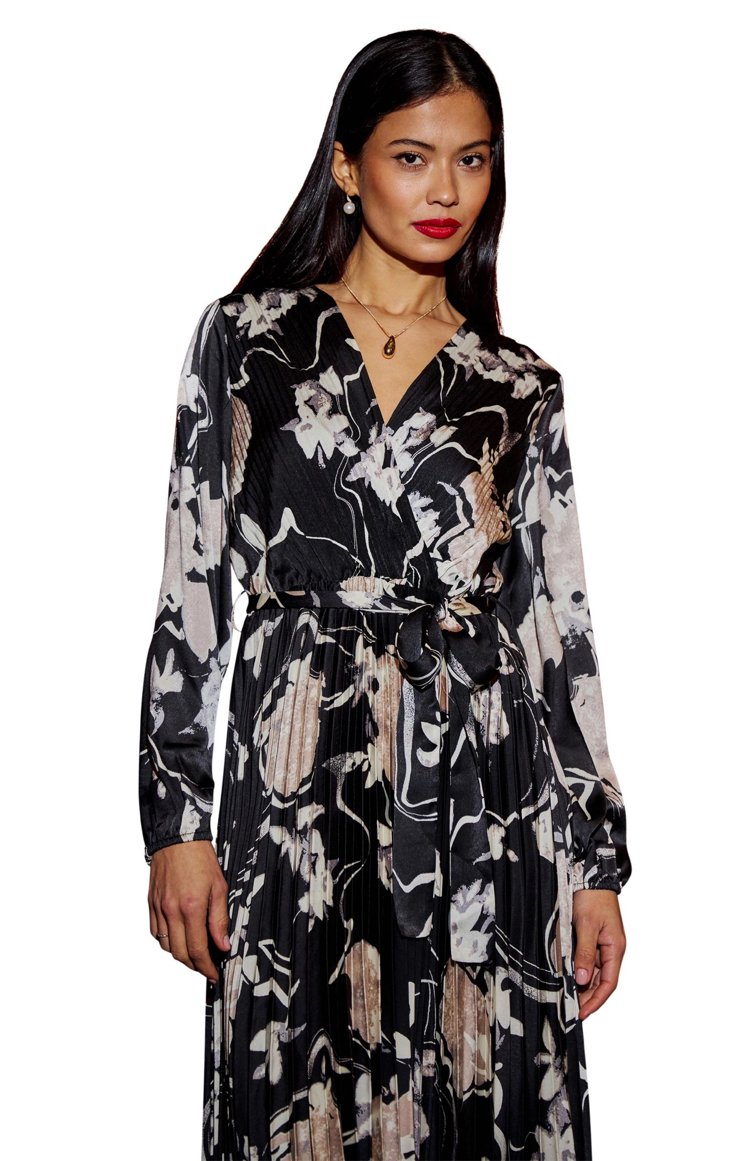 Women's Floral Satin Long Sleeve Midi Dress