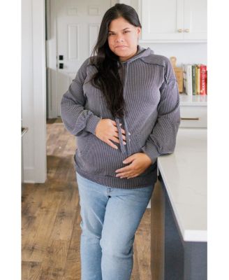 Maternity Charcoal Ribbed Front Pocket Drawstring Hoodie