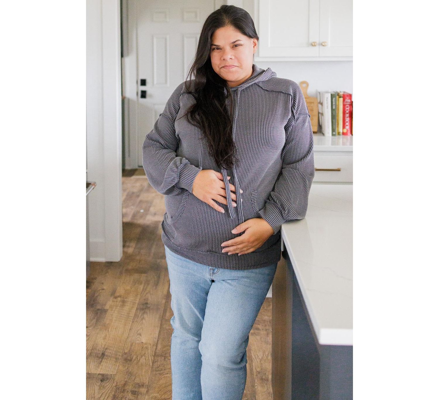 Women's Charcoal Ribbed Front Pocket Drawstring Hoodie