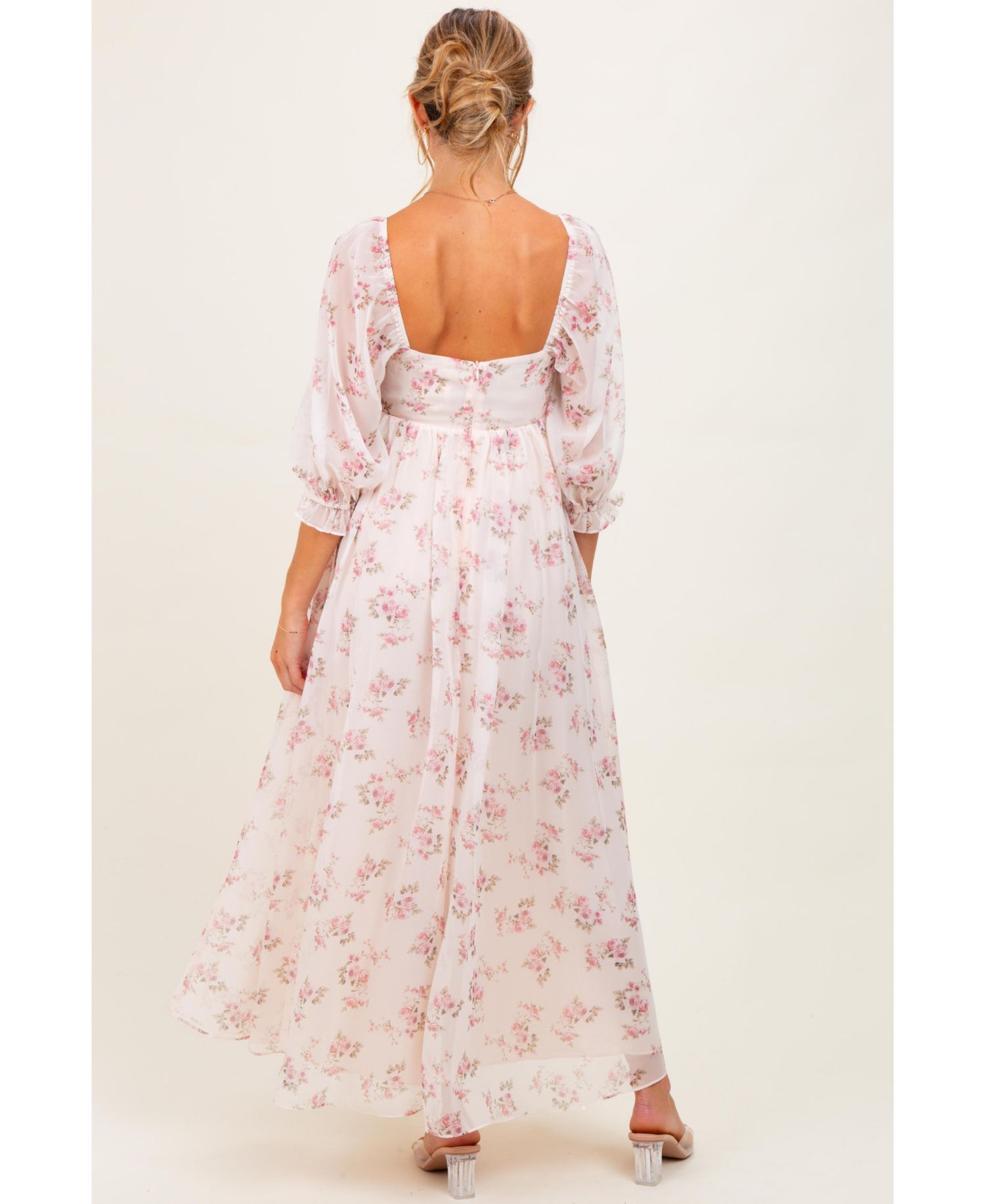 Women's Light Pink Floral Chiffon Long Sleeve Maxi Dress