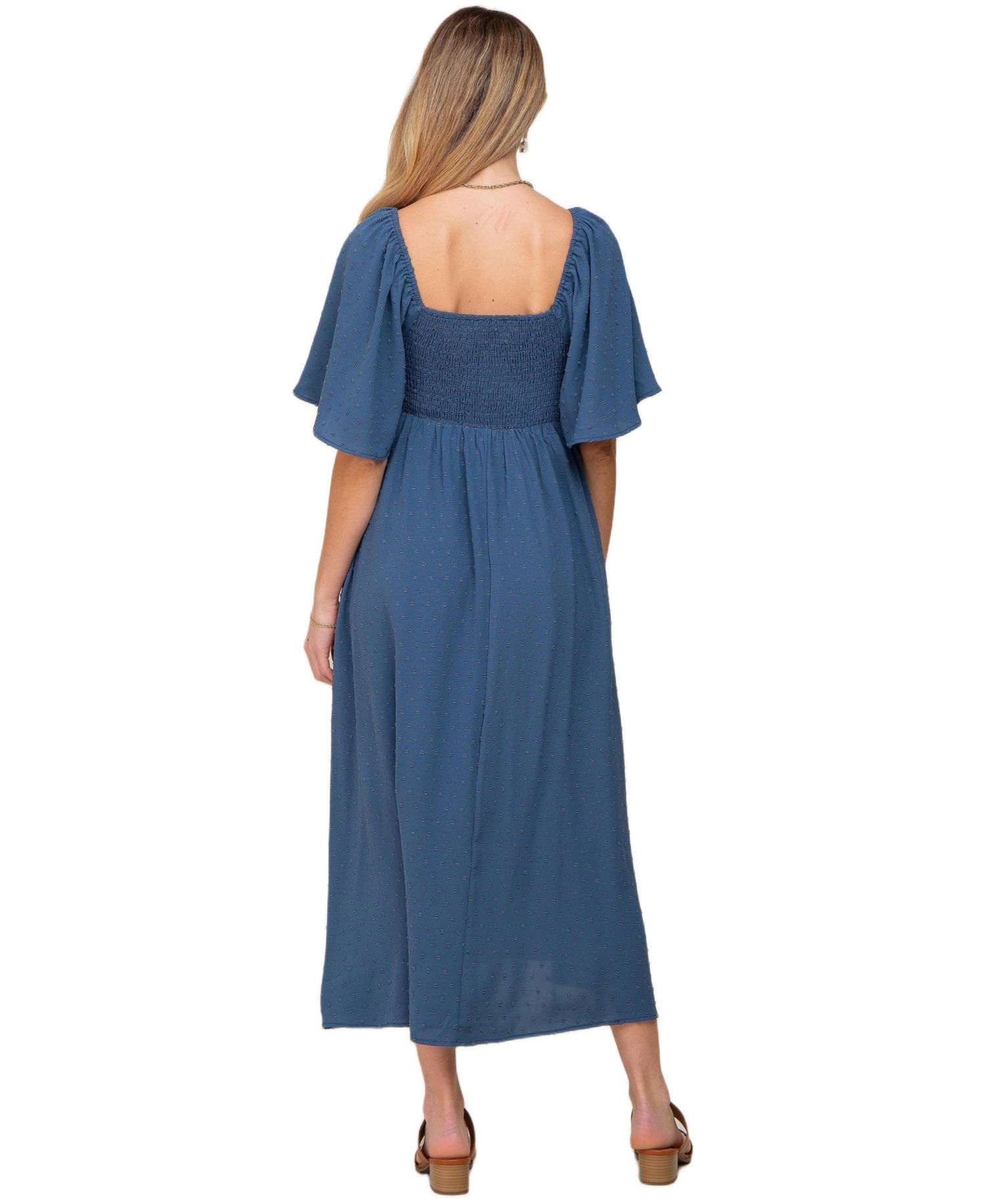Women's Navy Blue Textured Dot Front Tie Ruffle Sleeve Midi Dress