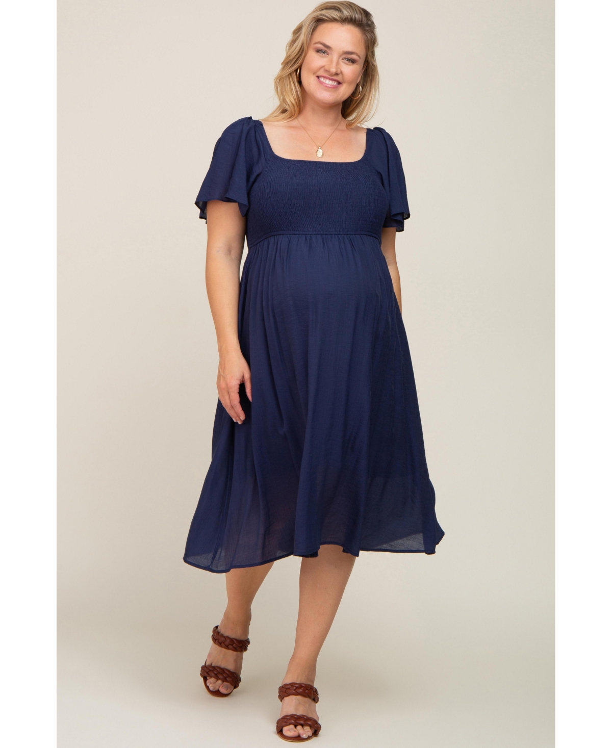 Pinkblush Plus Navy Blue Smocked Square Neck Flutter Short Sleeve Midi Dress
