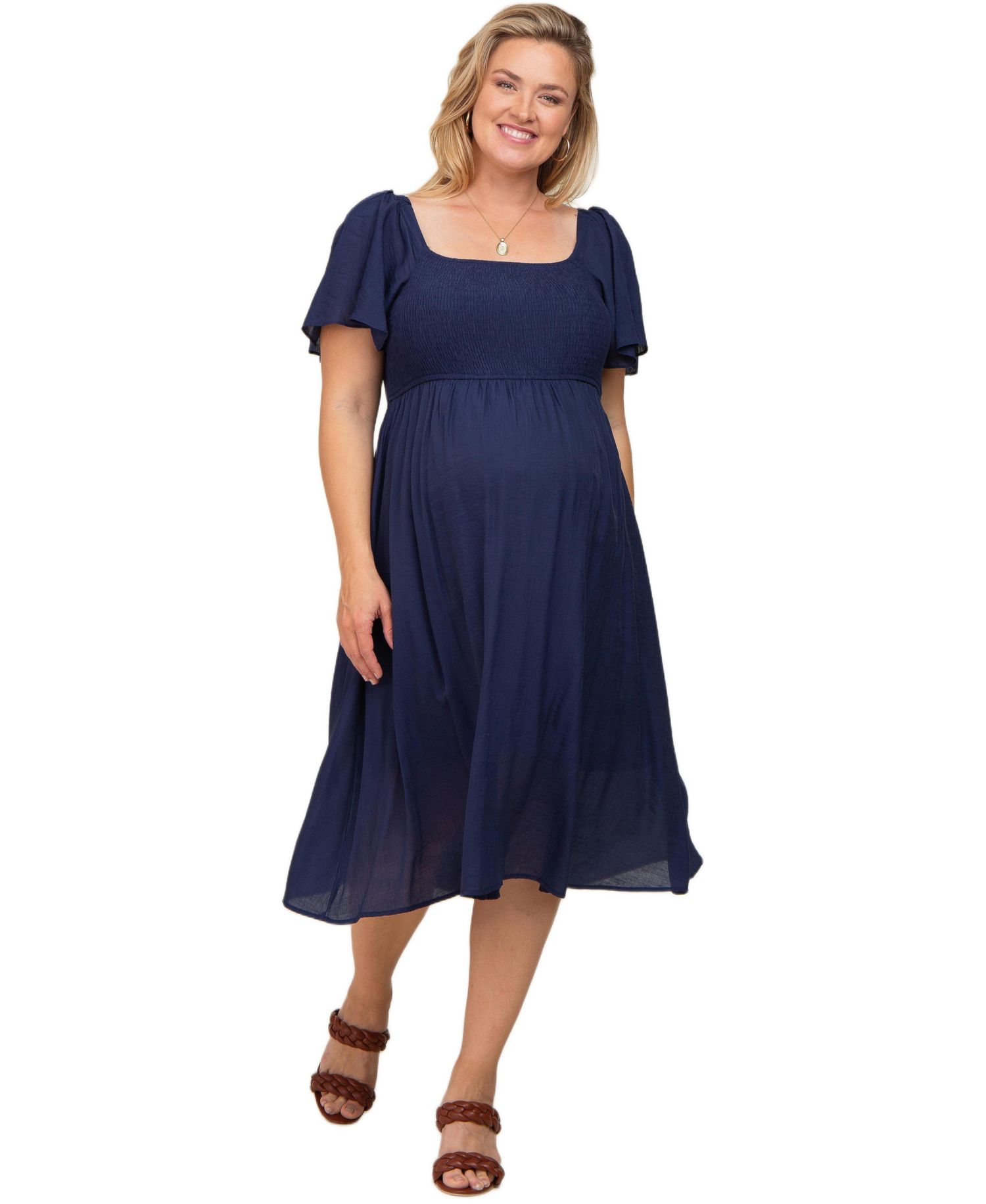 Women's Maternity Smocked Square Neck Flutter Short Sleeve Midi Dress