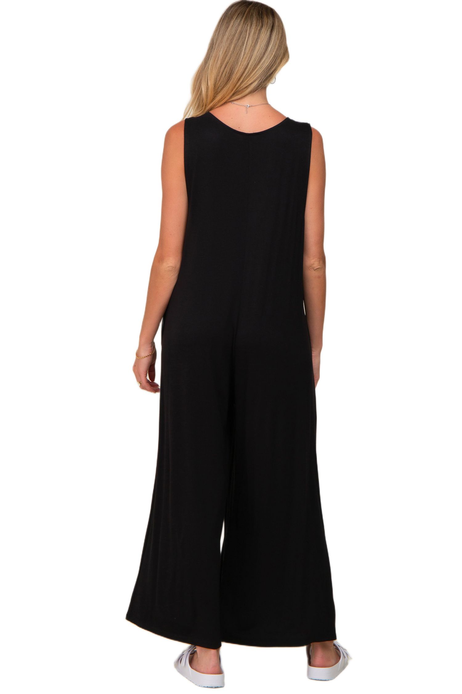 Women's Black Deep V Sleeveless Wide Leg Jumpsuit