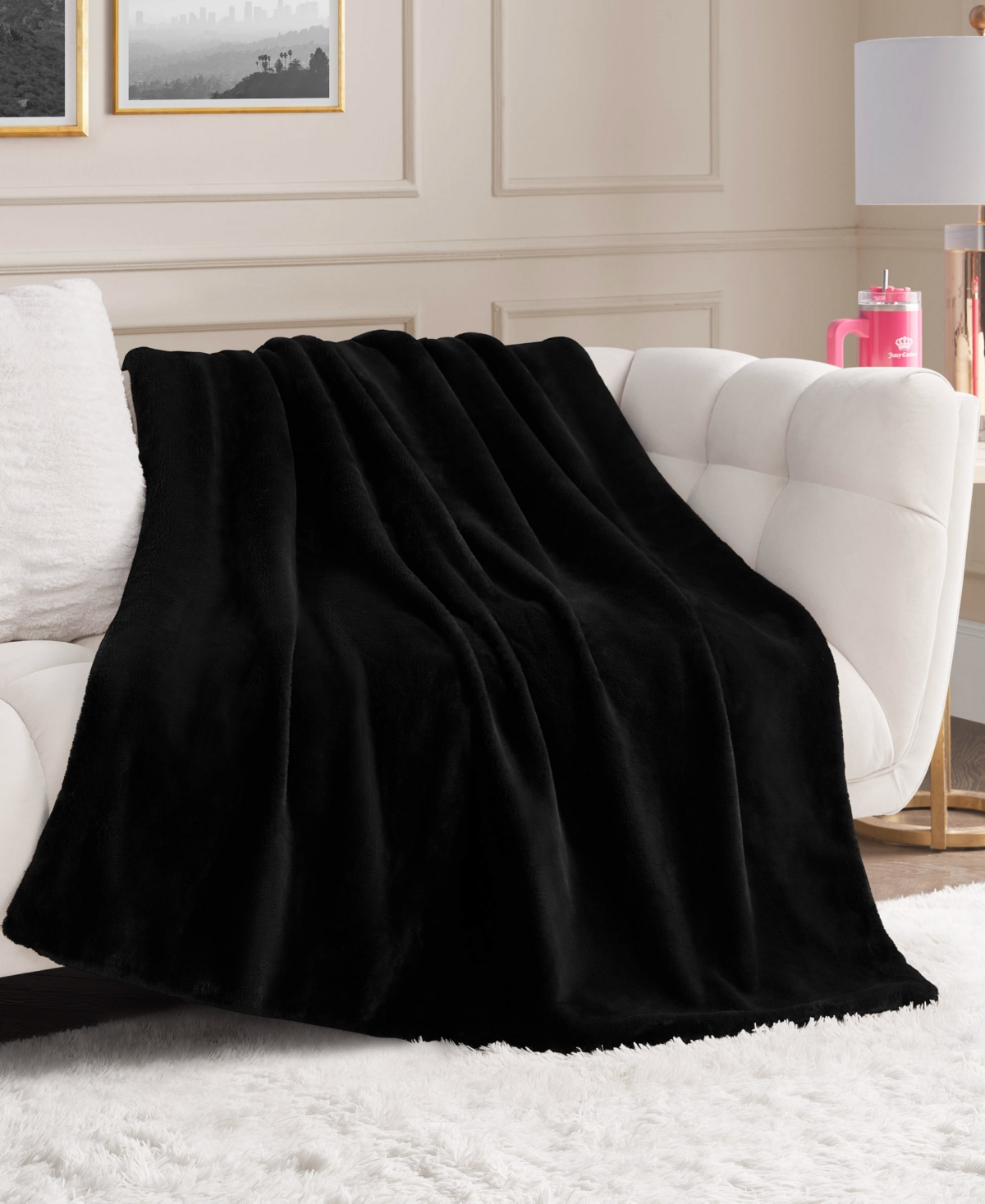 Juicy Couture Rabbit Mink Faux Fur Throw Blanket, 50" X 70" In Black