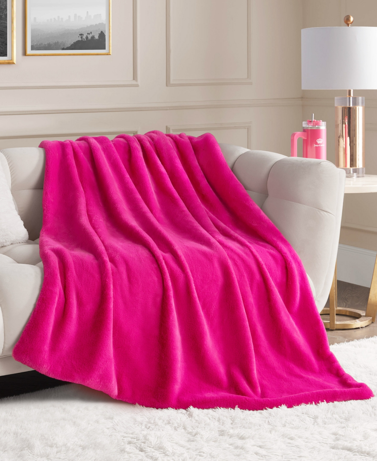 Juicy Couture Rabbit Mink Faux Fur Throw Blanket, 50" X 70" In Pink