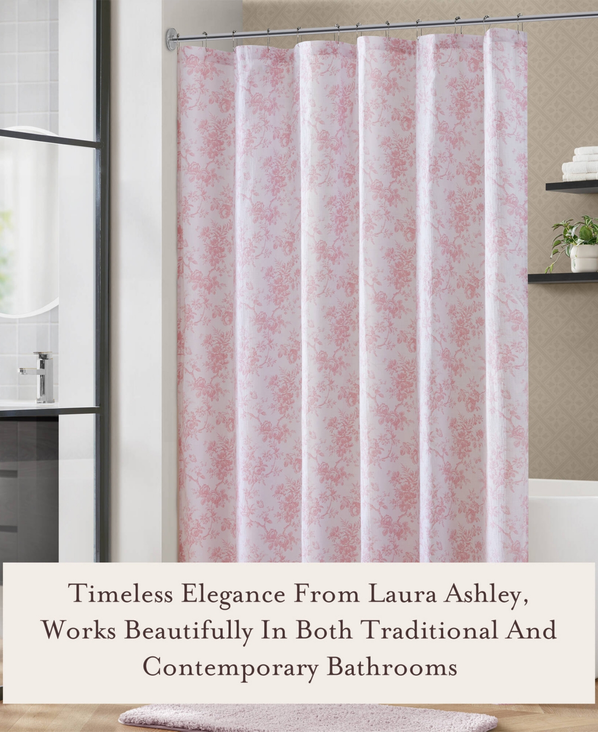 Laura Ashley Walled Garden Tonal Floral Shower Curtain, 72" X 84" In Pink