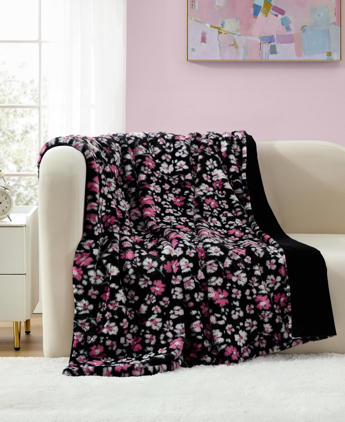Betsey Johnson Printed Faux Rabbit Fur Blanket, 70" X 50" In Black