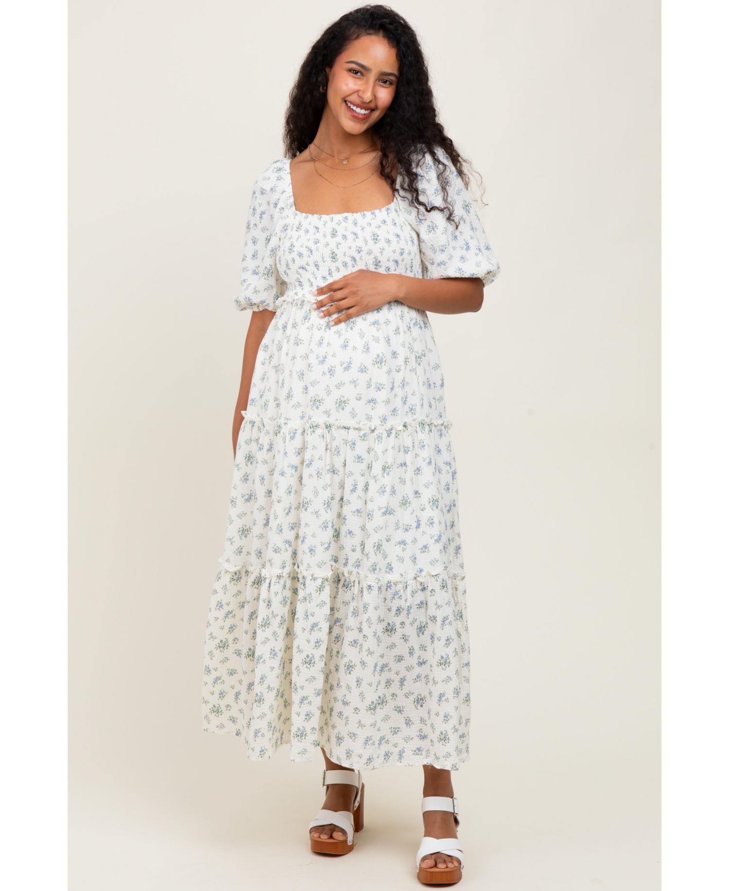 Women's Blue Floral Smocked Ruffle Tiered Maxi Dress