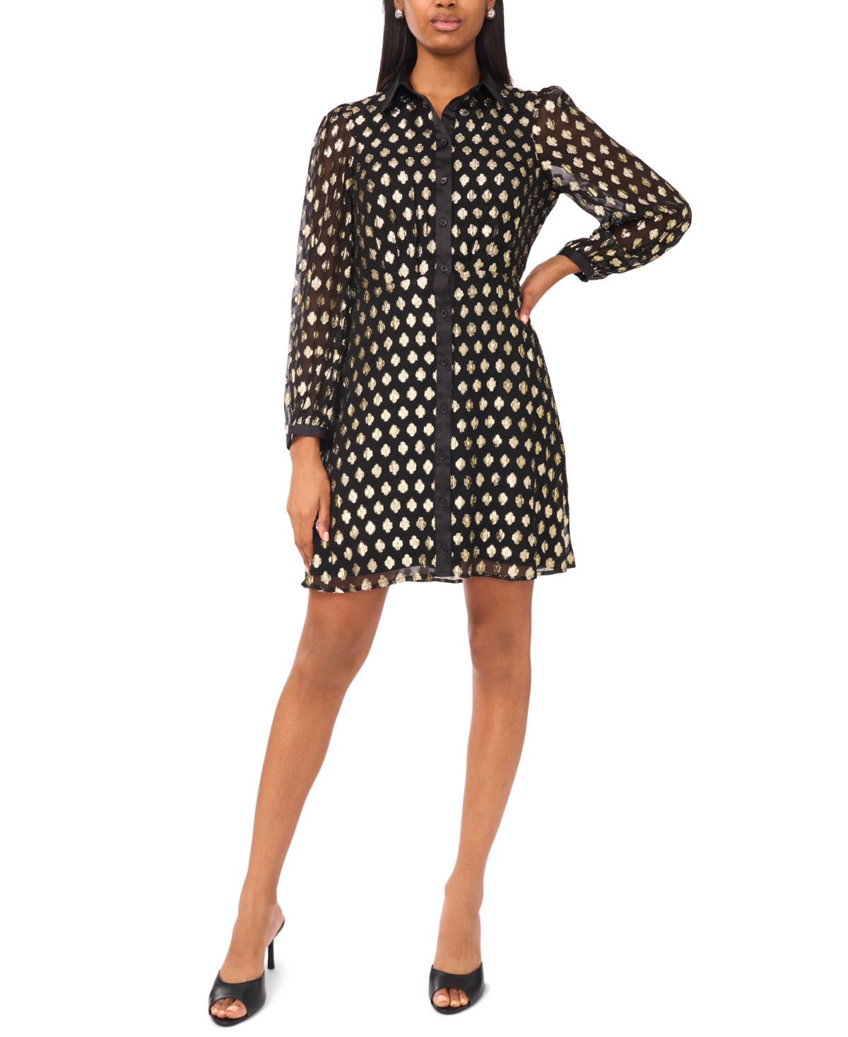 Msk Women's Long Sleeve Printed Button Down Dress In Black