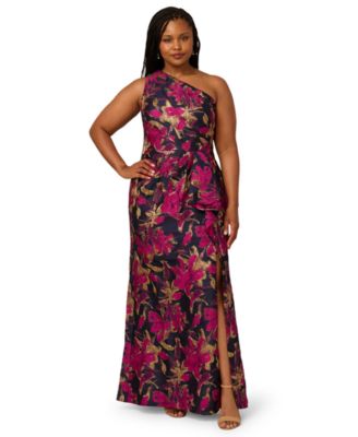 Adrianna Papell - Plus Size Metallic Jacquard One-Shoulder Long Dress