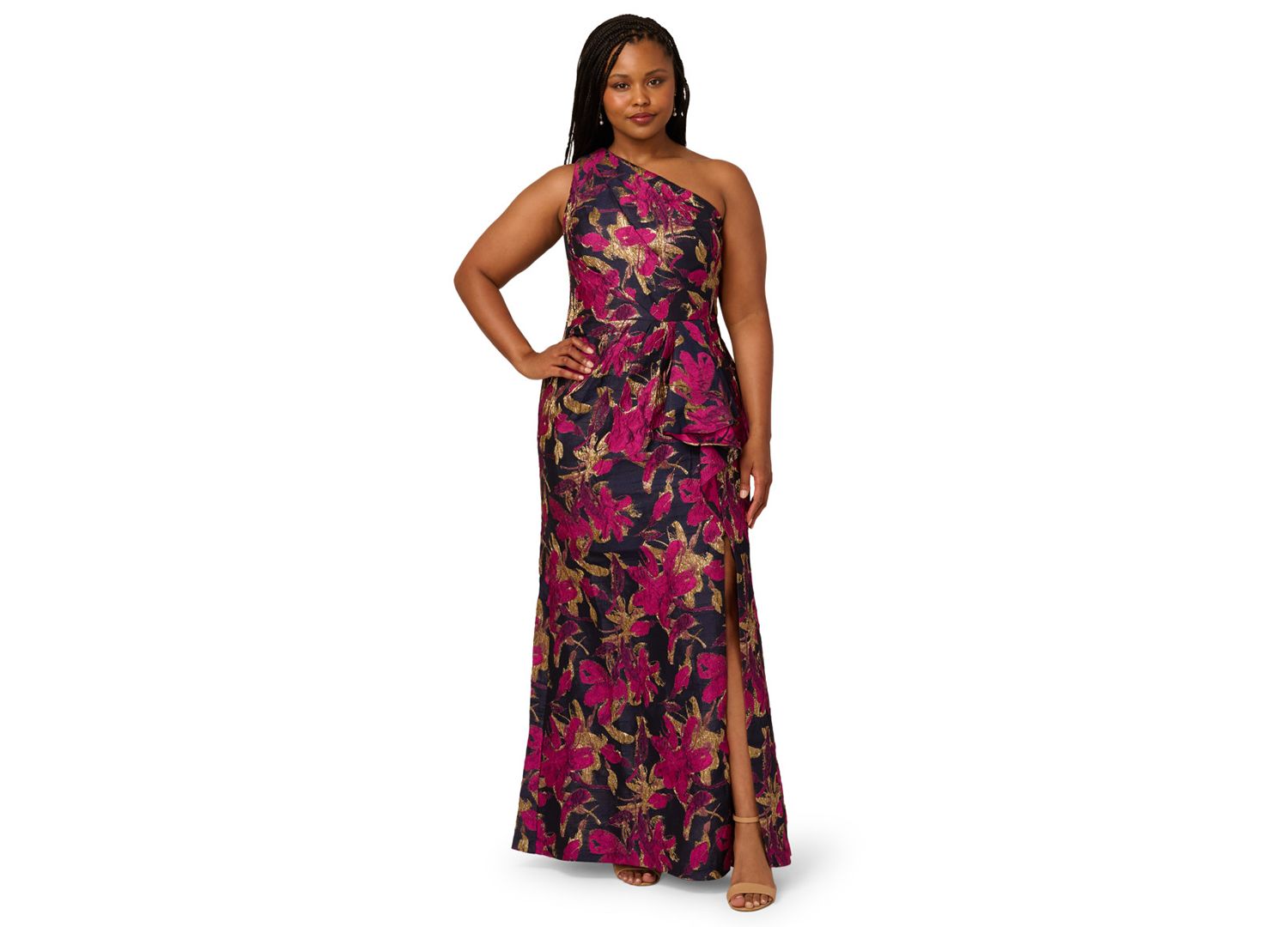 Plus Size Metallic Jacquard One-Shoulder Long Dress