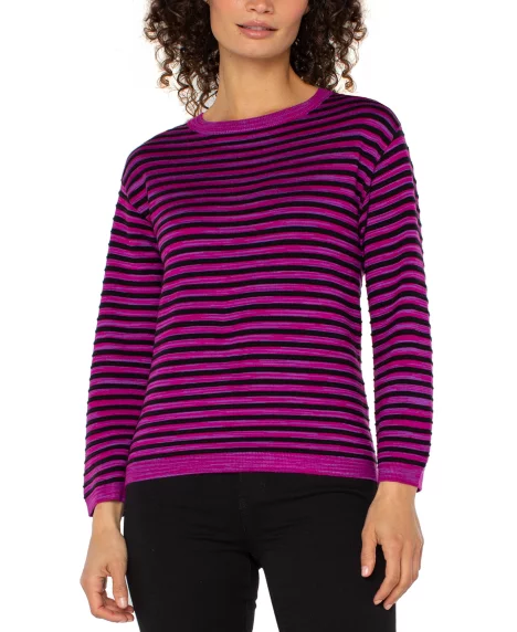 Petite Long Sleeve Boxy Round Neck Sweater - Fuschia Spidy Strap
