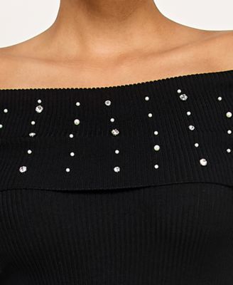 Juniors Off The Shoulder Rhinestone Fitted Sweater Dress