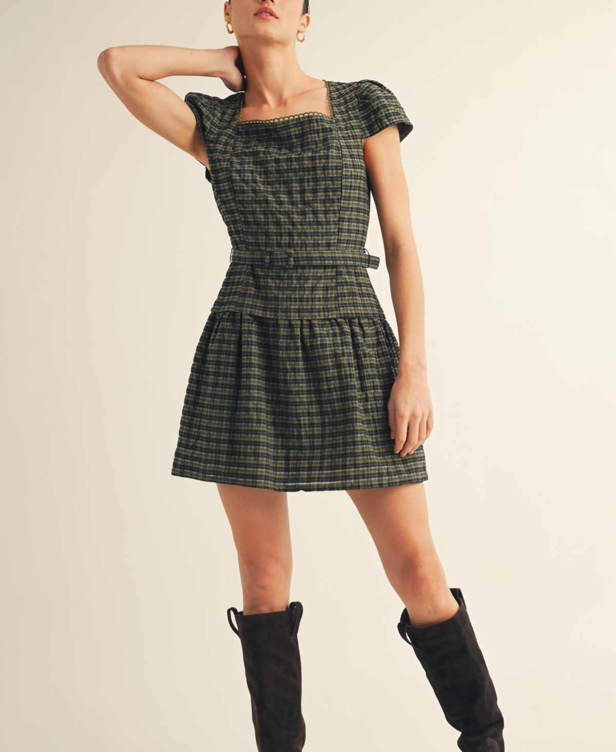 Arose Studio, Inc Women's Plaid Belted Mini Dress In Gray