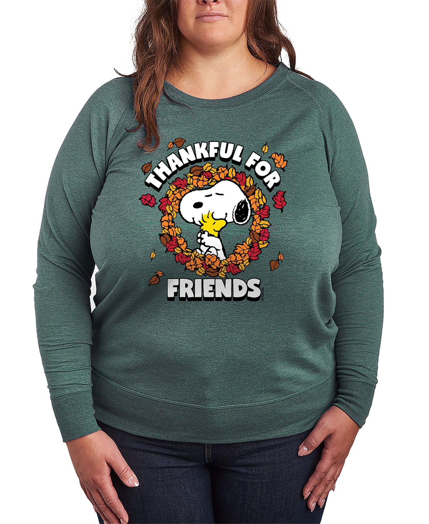 Plus Size Snoopy and Woodstock Fall Friends French Terry Long Sleeve T-Shirt