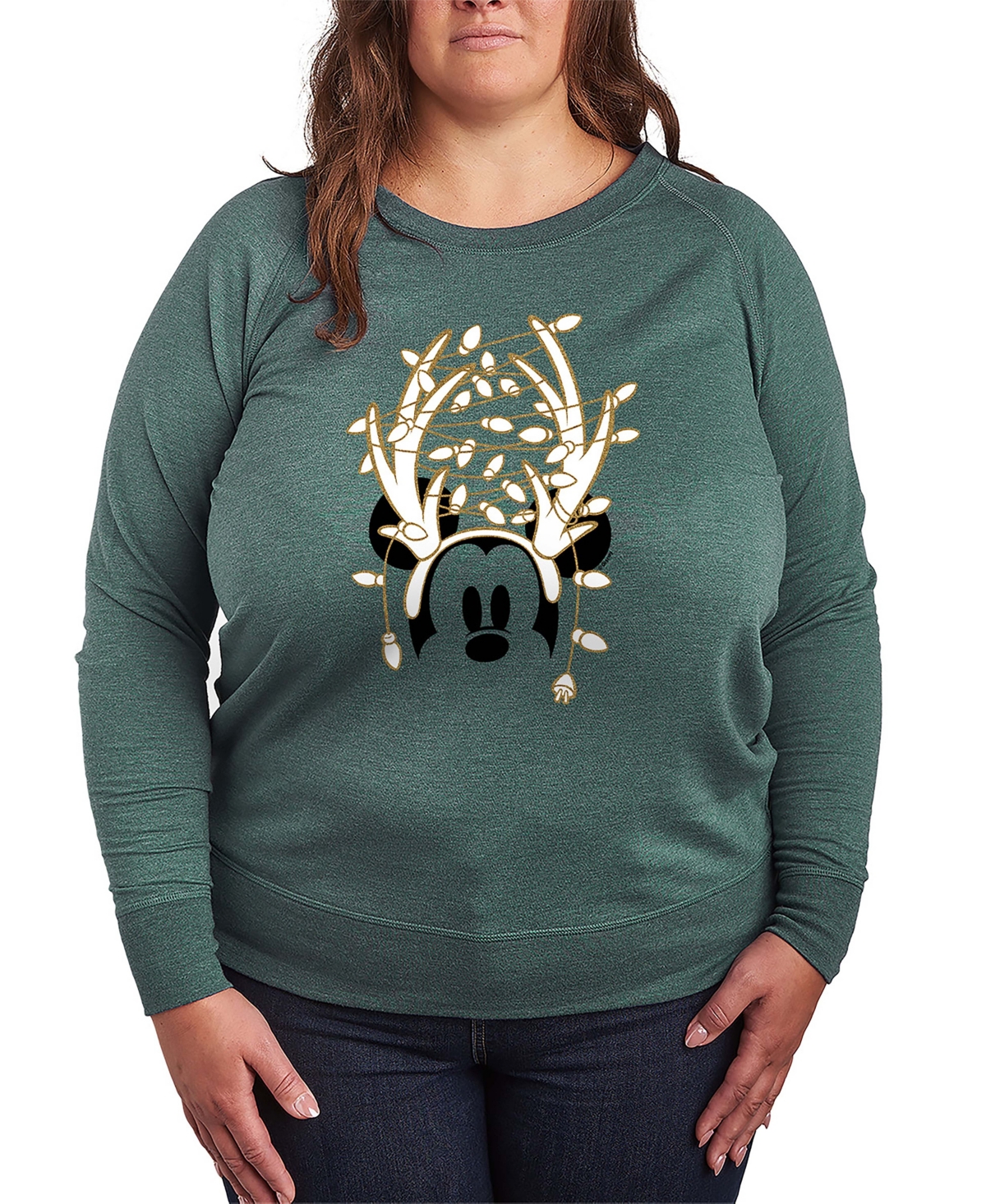 Hybrid Apparel Disney Mickey Mouse Antlers Ans Christmas Lights Women's French Terry Long Sleeve Shirt In Green