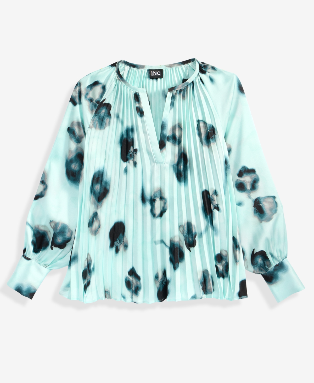 Inc International Concepts I.n.c. Concepts Women's Printed Pleated Split-neck Blouse, Macy's Exclusive In Blue
