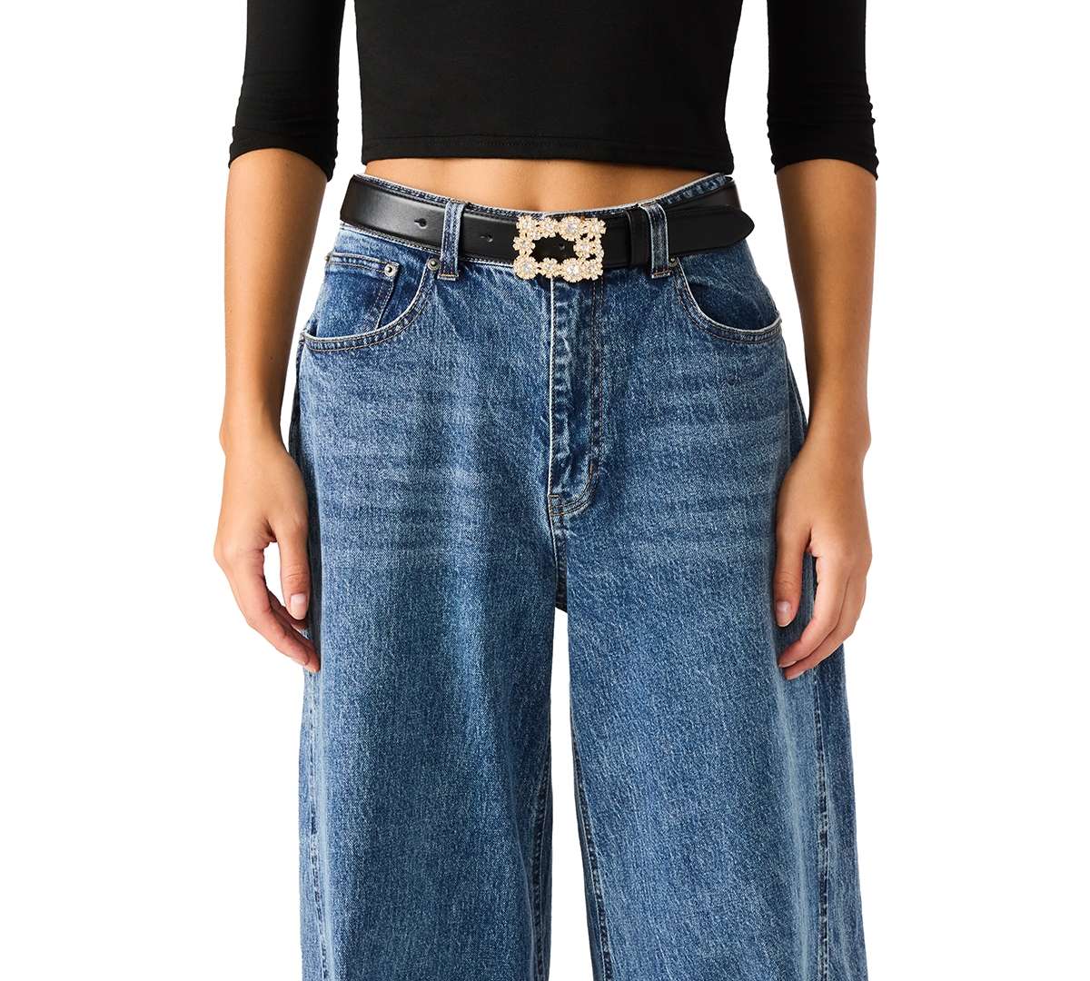 Steve Madden Women's Rhinestone Floral Buckle Belt