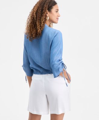 Women's Chambray Tie-Sleeve Pocket Blouse, Macy's Exclusive