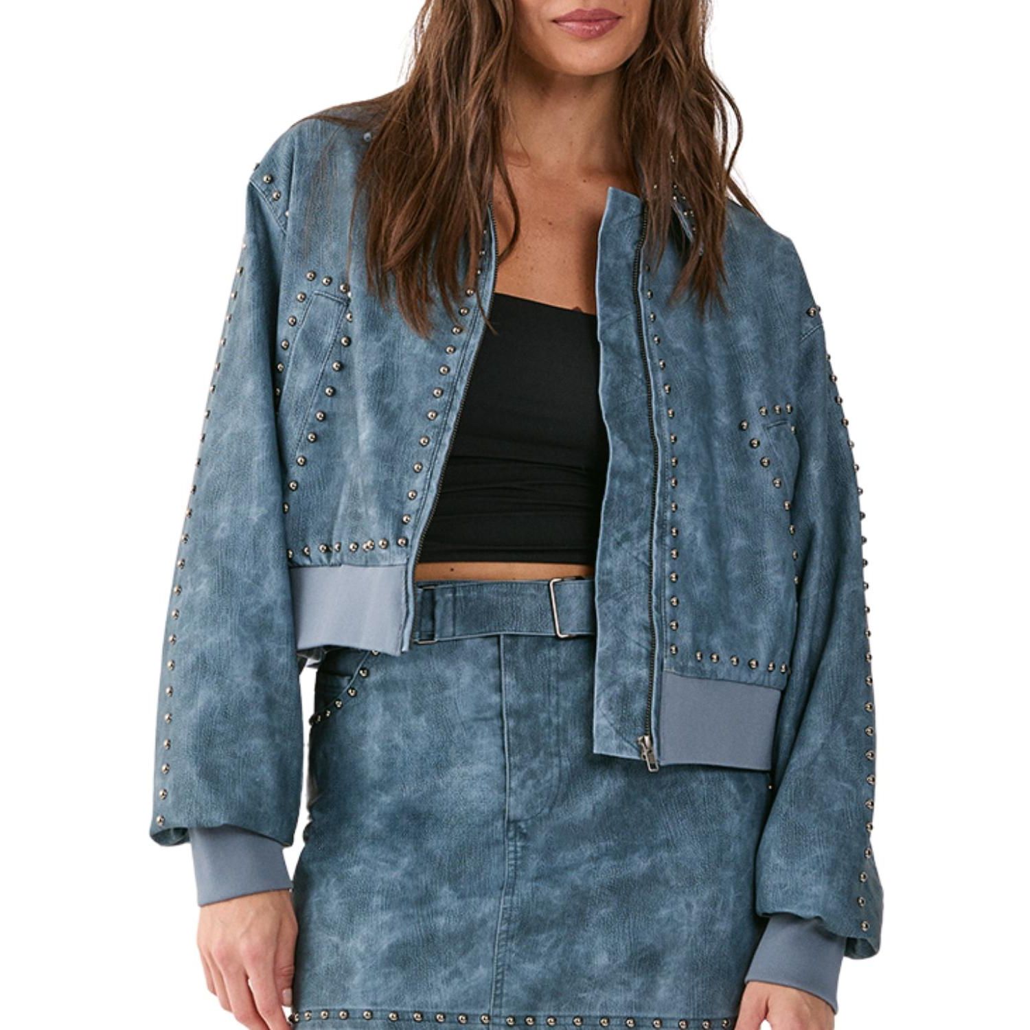 Women's Leather Studded Bomber Jacket