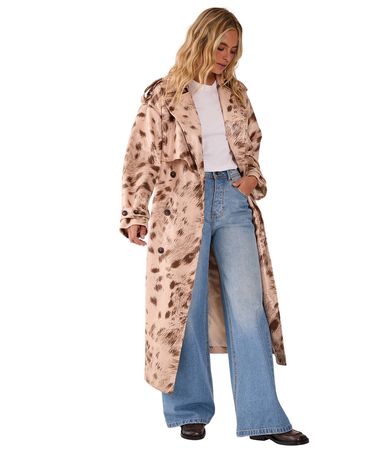 Women's Cow Print Faux Leather Trench Coat