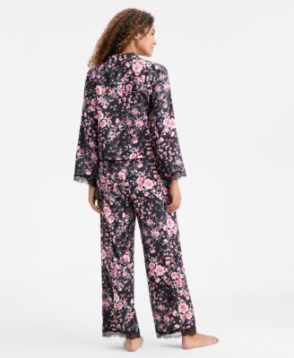 Women's Long-Sleeve Lace Trim Boxy Satin Notch Set