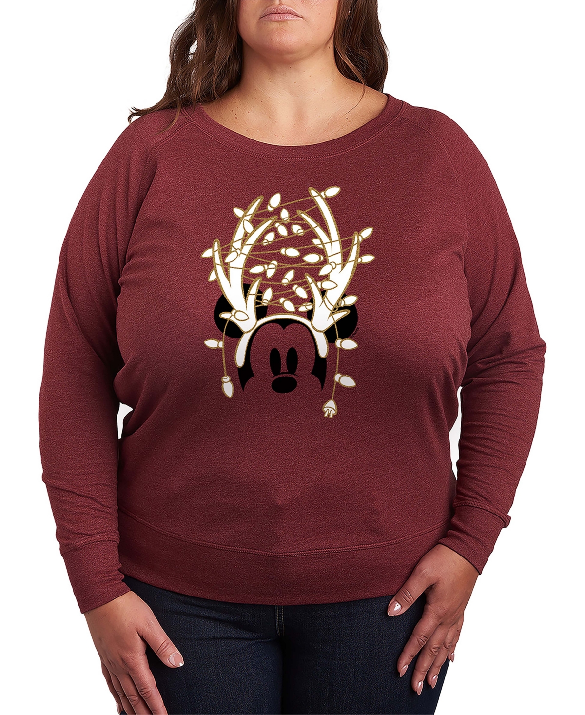 Hybrid Apparel Disney Mickey Mouse Antlers Ans Christmas Lights Women's French Terry Long Sleeve Shirt In Burgundy