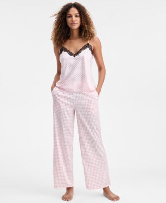 Women's Stretch Satin Lace-Trim Top & Pajama Pants Set, Created for Macy's