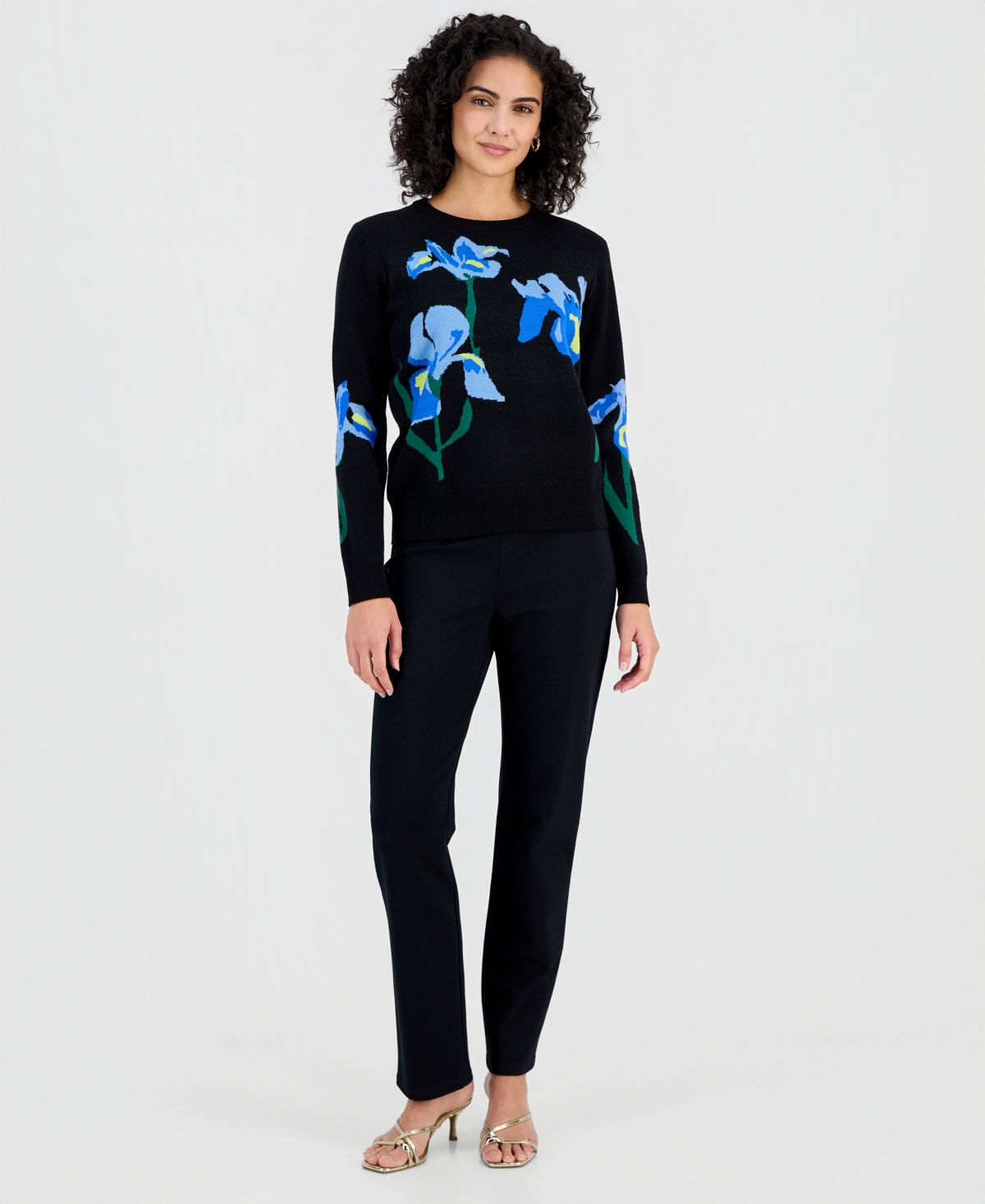 T Tahari Women's Flower Jacquard Crewneck Sweater