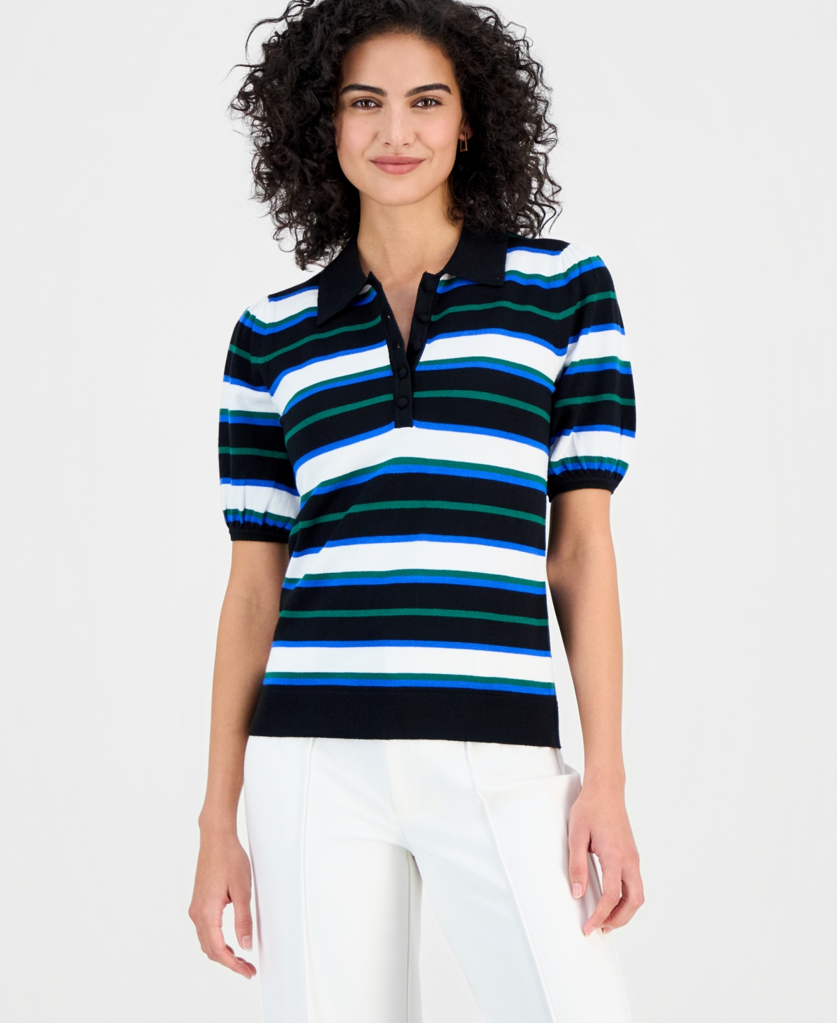 T Tahari Women's Striped Elbow-Sleeve Polo Shirt