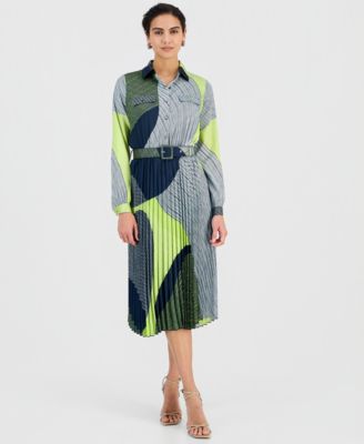 T Tahari - Women's Printed Belted Pleated Midi Dress