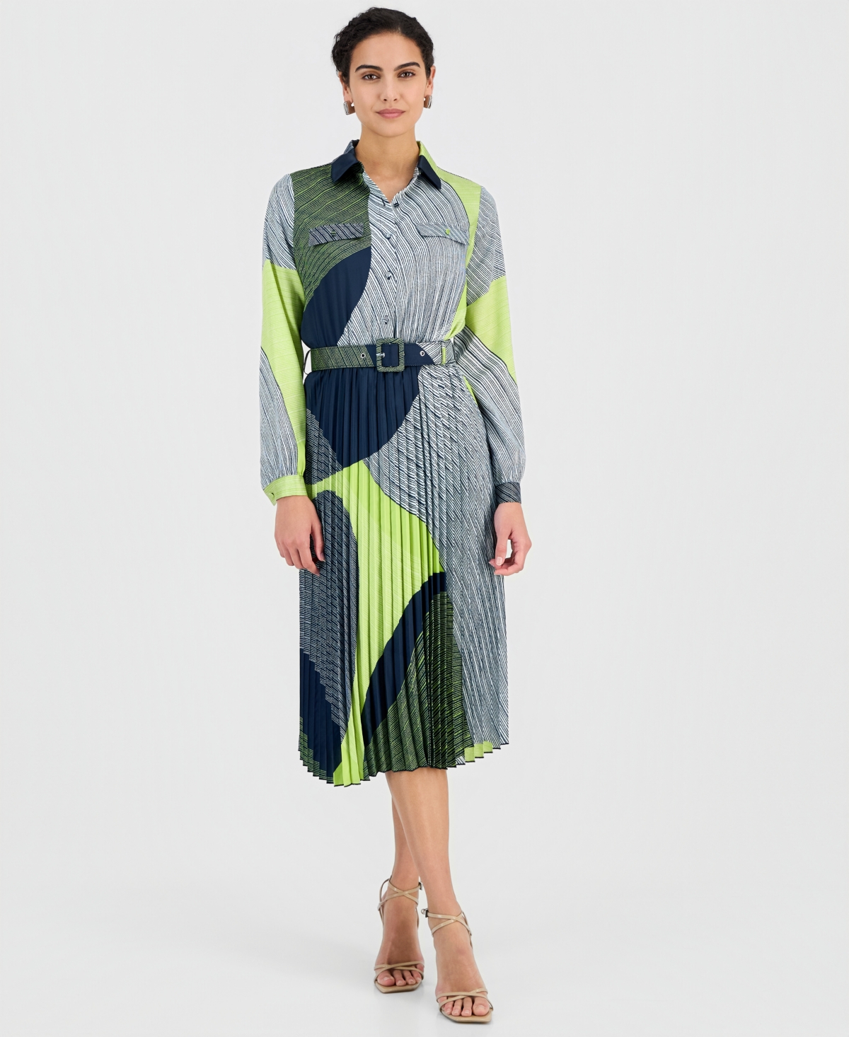 T Tahari Women's Printed Belted Pleated Midi Dress In Multi