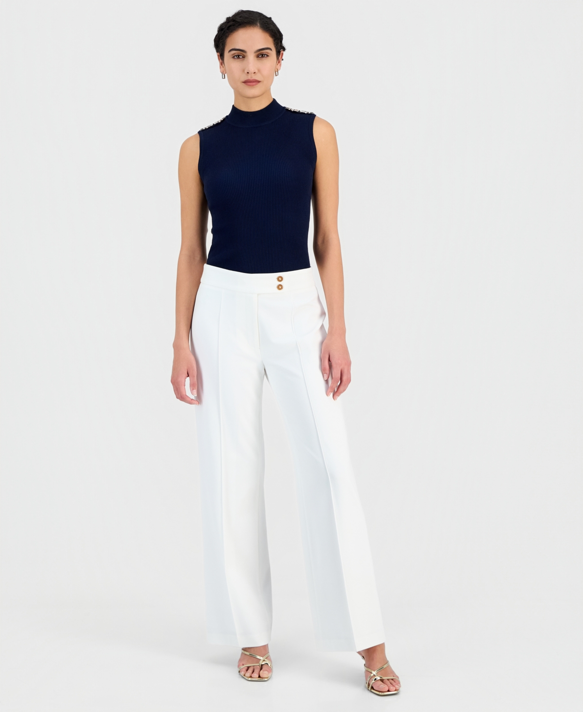 T Tahari Women's Extended-tab Wide-leg Ankle Pants In White