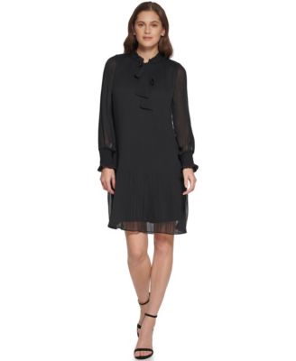 DKNY - Women's Chiffon Pleated Tie Collar Shift Dress