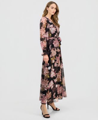 Women's V-Neck Belted Long-Sleeve Maxi Dress