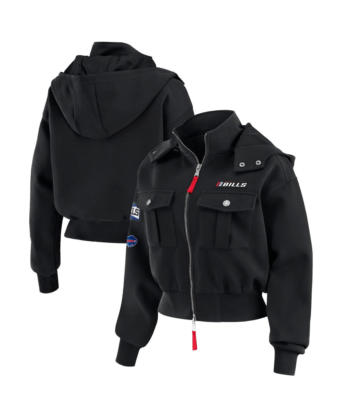 Wear By Erin Andrews Women's Black Buffalo Bills Tri-blend Patch Pocket Cropped Full-zip Bomber Hoodie Jacket