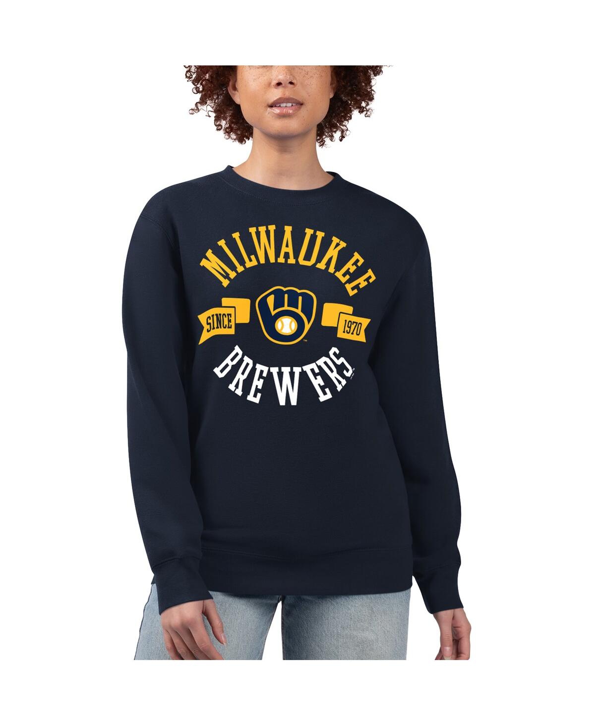 G-iii 4her By Carl Banks Women's Navy Milwaukee Brewers Team Logo Fleece Pullover Sweatshirt In Blue