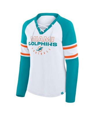 Women's White/Aqua Miami Dolphins Redzone Blitz Package Raglan Lace-Up V-Neck Long Sleeve T-Shirt