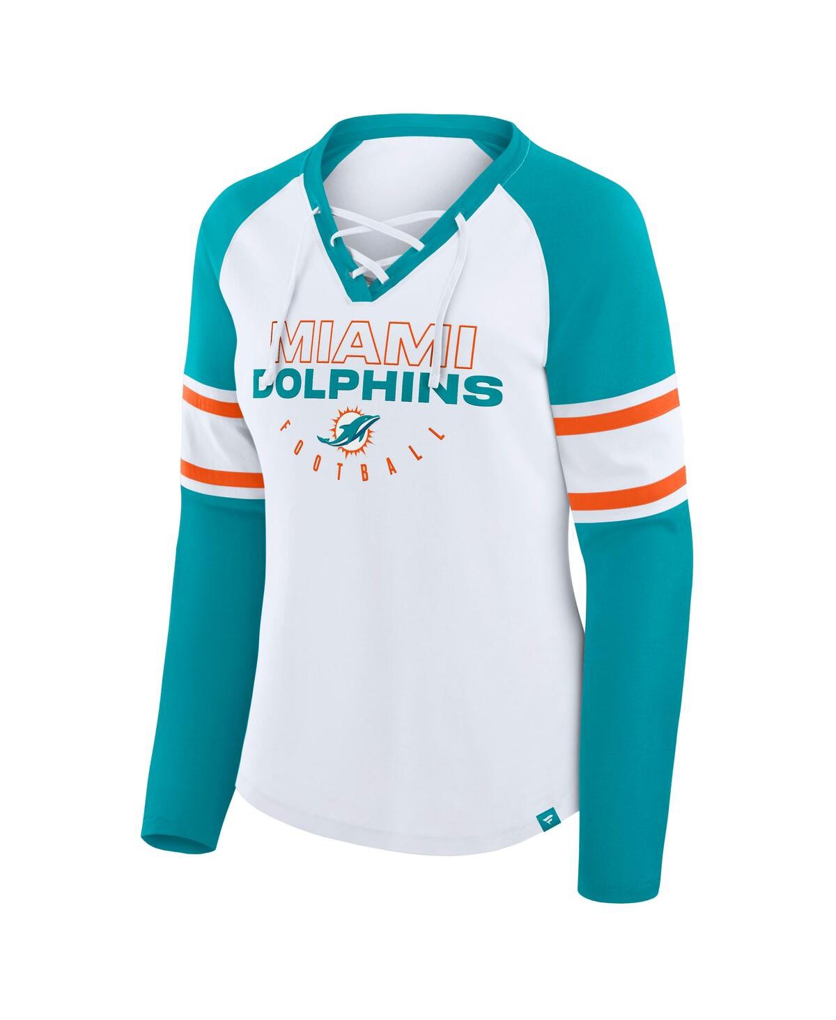 Fanatics Women's White/aqua Miami Dolphins Redzone Blitz Package Raglan Lace-up V-neck Long Sleeve T-shirt In Multi