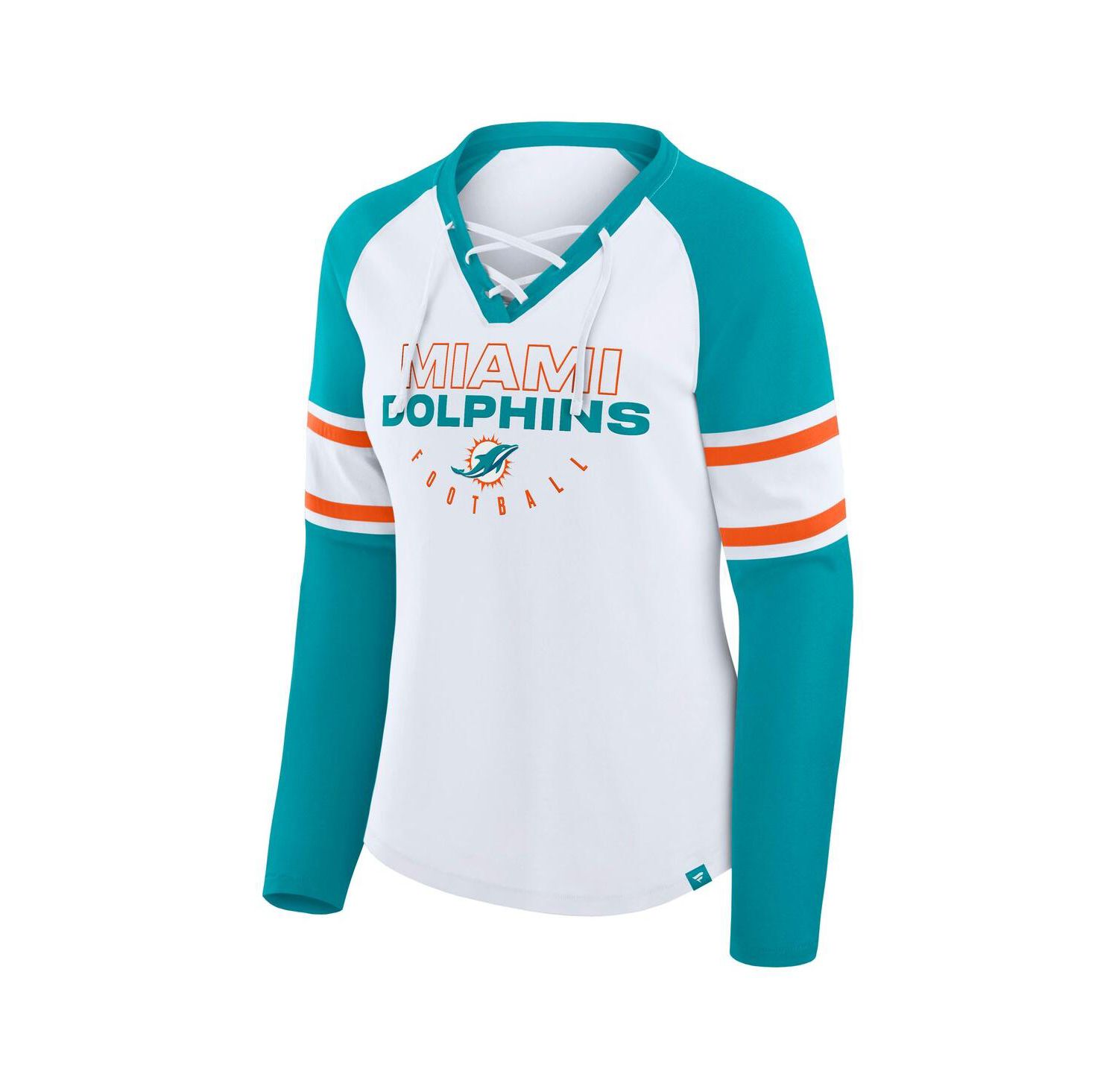 Women's White/Aqua Miami Dolphins Redzone Blitz Package Raglan Lace-Up V-Neck Long Sleeve T-Shirt