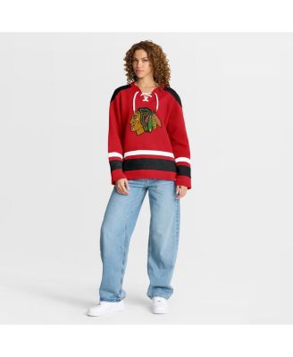 Women's Athletic Red Chicago Blackhawks Icing Long Sleeve Lace Up Sweatshirt
