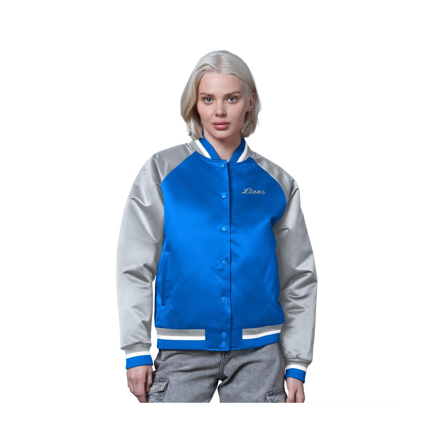 Женская куртка Starter Blue/Silver Detroit Lions Satin Full-Snap Vintage Varsity — фото 1