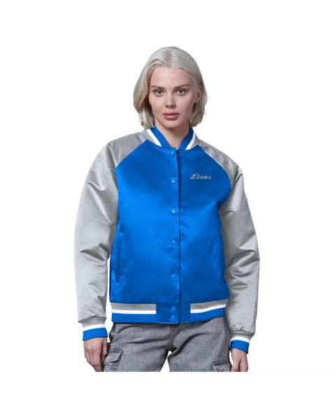 Женские куртки Starter Women's Blue/Silver Detroit Lions Satin Full-Snap Vintage Varsity Jacket