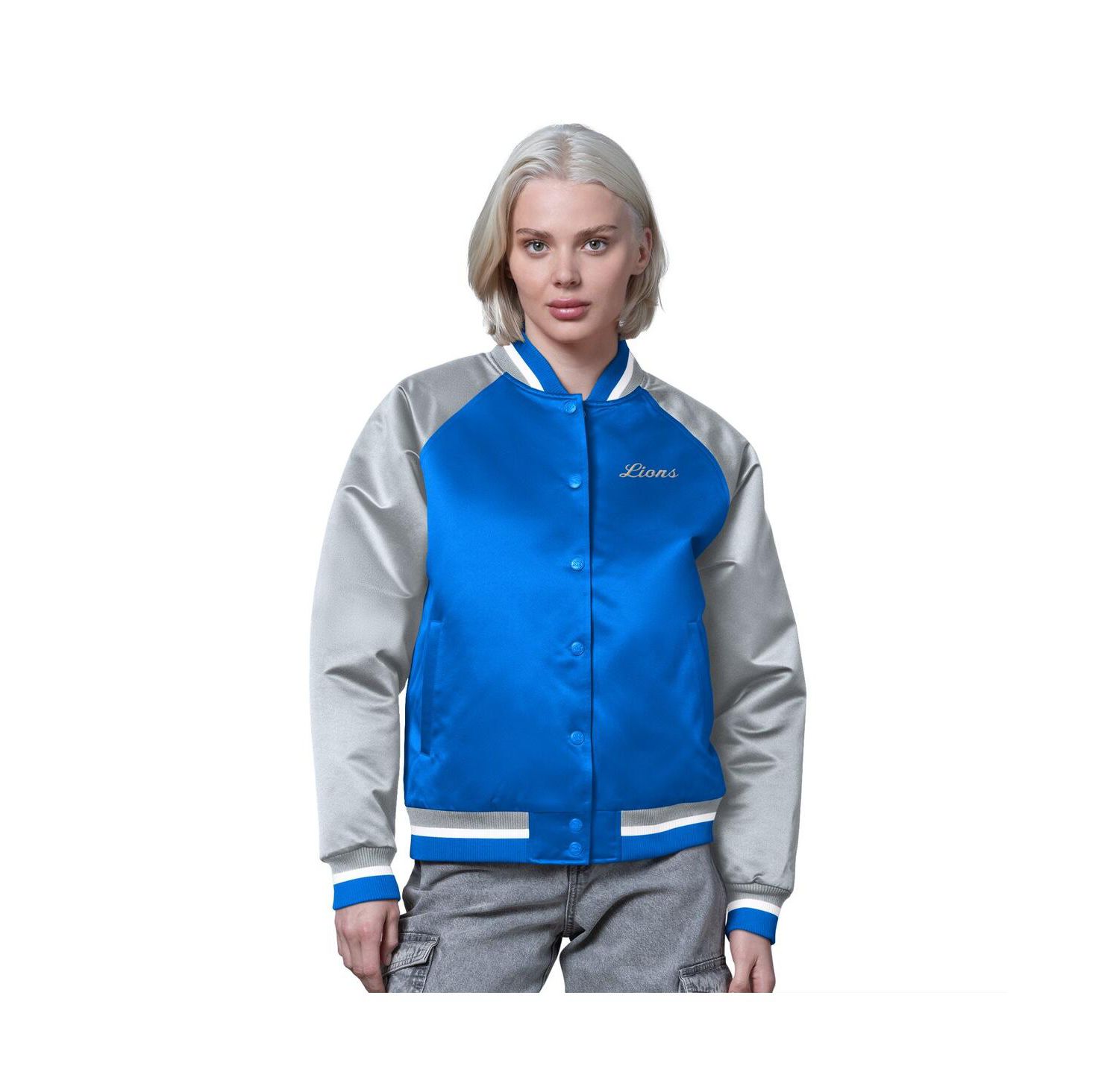 Women's Blue/Silver Detroit Lions Satin Full-Snap Vintage Varsity Jacket