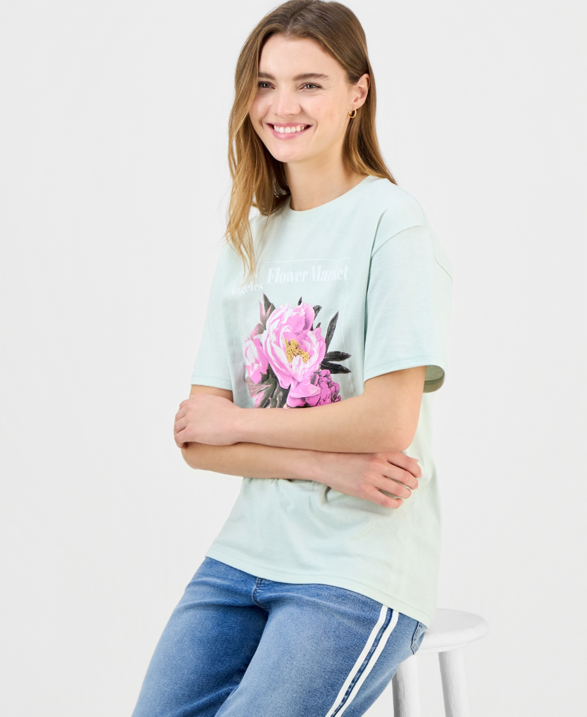 Rebellious One Juniors' Cotton La Flower Market Boyfriend Tee In Multi